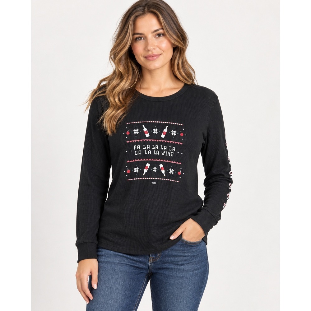 Vixxon Thermal Top Womens Medium Black Fa La La Wine Holiday Waffle Knit Cotton